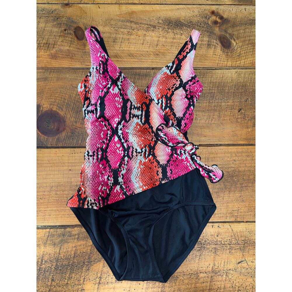 Womens Gabar‎ Pink Orange Black Snakeskin Side Tie One Piece Swim Suit Size 10